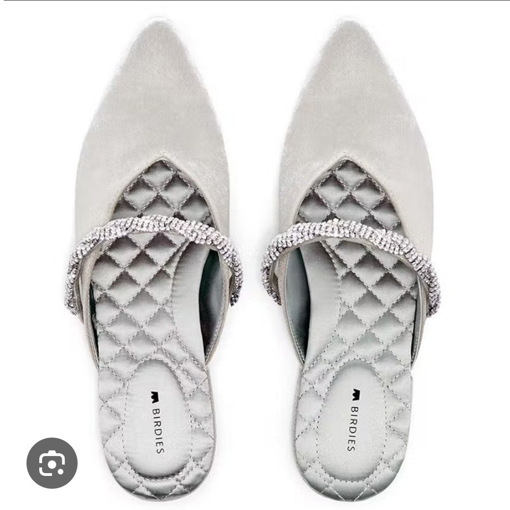 Birdies Swan Silver Velvet Rhinestone Embellished Pointed Toe Mules Size 7